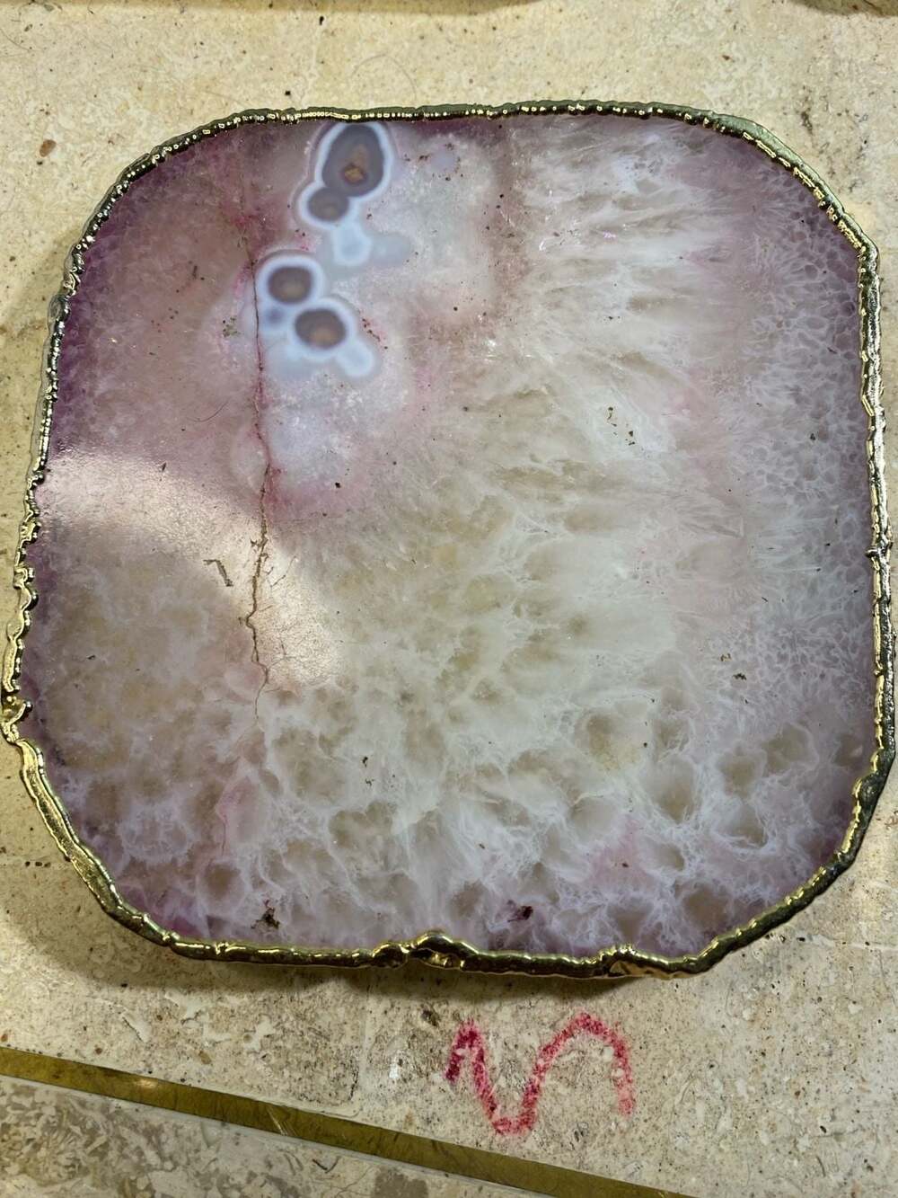 Pink Agate Slice Coaster with Gold Electroplated Edge
